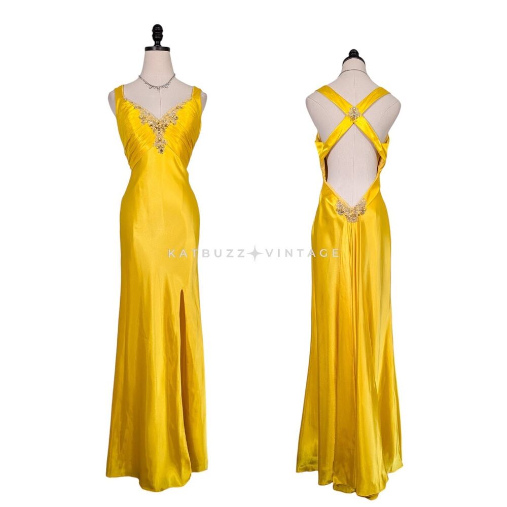 Vintage Flirt Prom Dress Maxi Gown 8 Yellow Y2K Glam Blackless Hollywood Satin